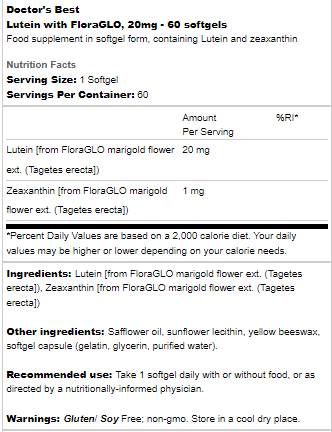 Luteină 20 mg | Cu FloraGLO - 60 capsule de gel