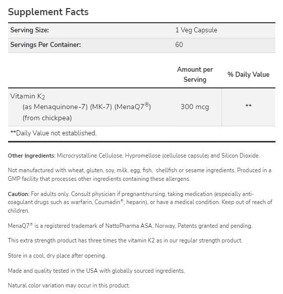 MK-7 Vitamina K-2 300 mcg | MenaQ7® Extra Putere - 60 capsule