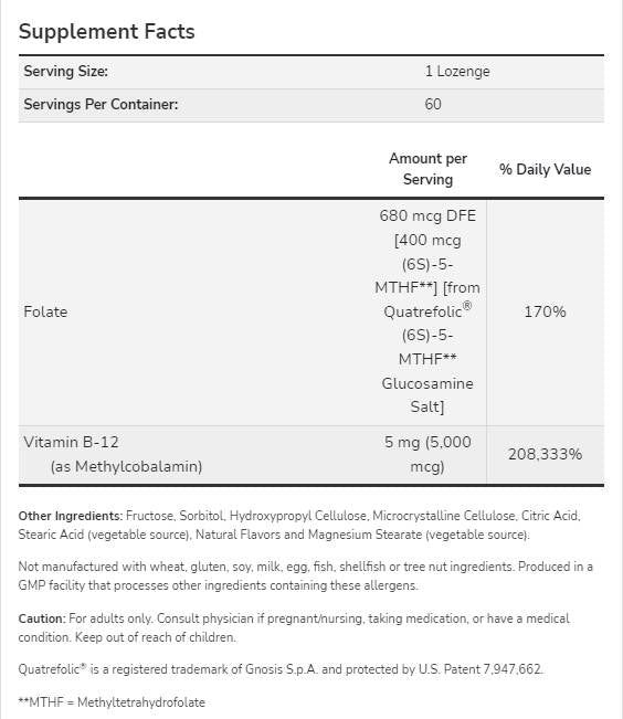 Metil B-12 5000 mcg | cu acid folic Quatrefolic® - 60 comprimate sublinguale