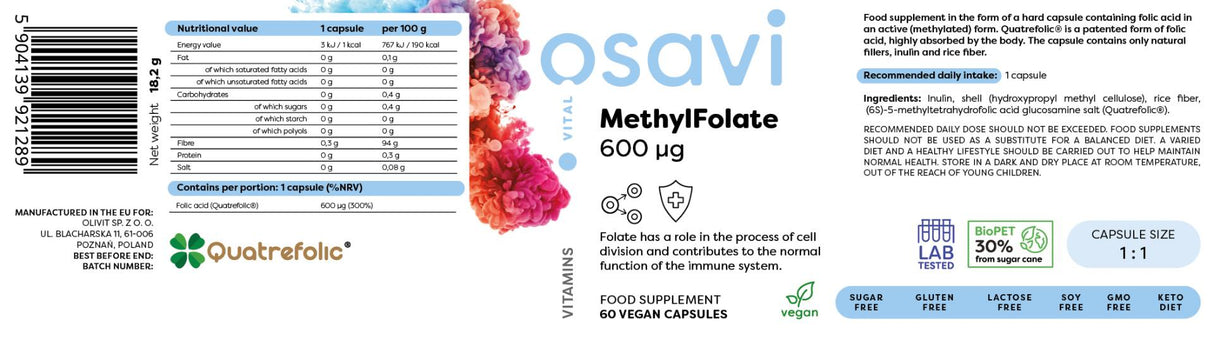Folat de metil 600 mcg | cu Quatrefolic® - 60 capsule