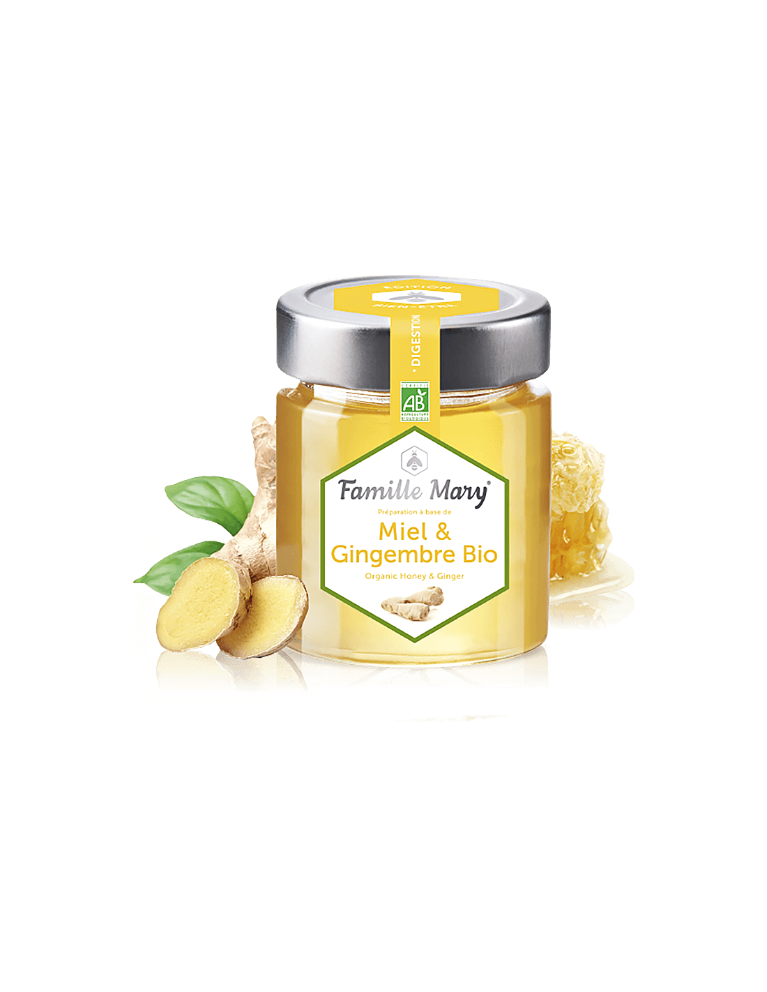 Miel &amp; Gingembre Bio / Miere de salcâm Bio + ghimbir (pentru o digestie bună), 170 g Famille Mary