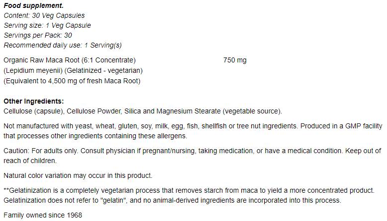 Concentrat brut MACA 6:1 750 mg - 30 capsule