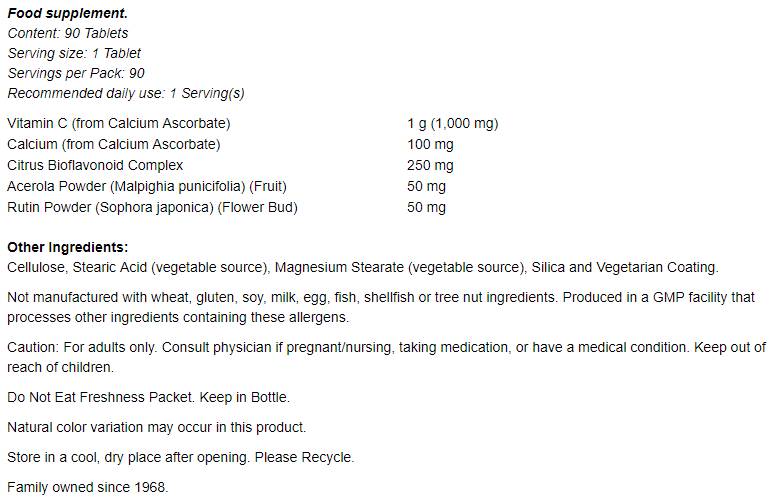 Complex de vitamina C-1000 - tamponat cu 250 mg bioflavonoide - 180 tablete