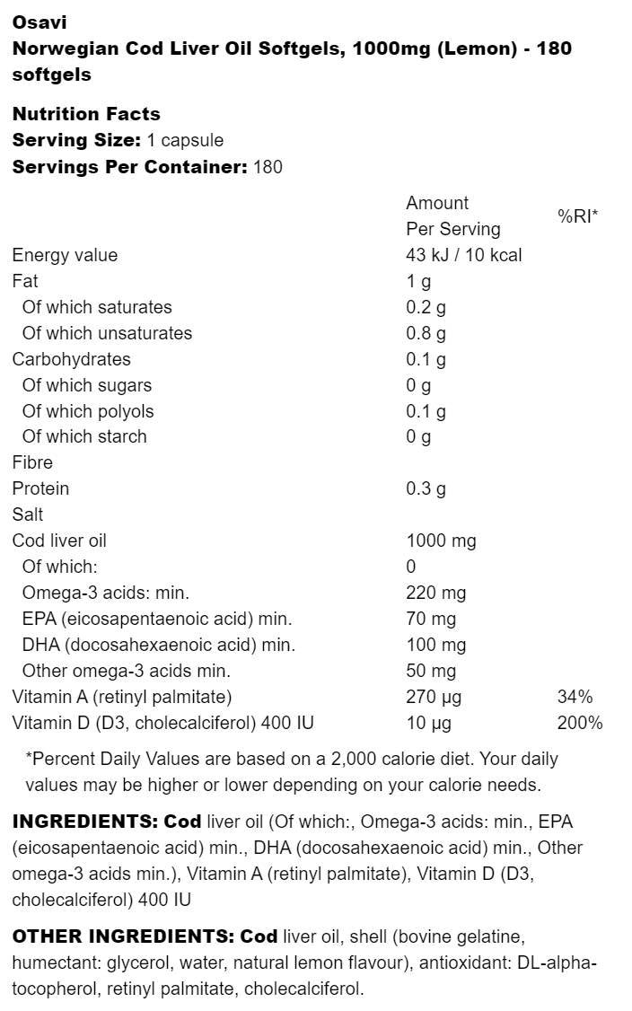 Ulei de ficat de cod norvegian 1000 mg | Aromă de lămâie - 90 capsule de gel