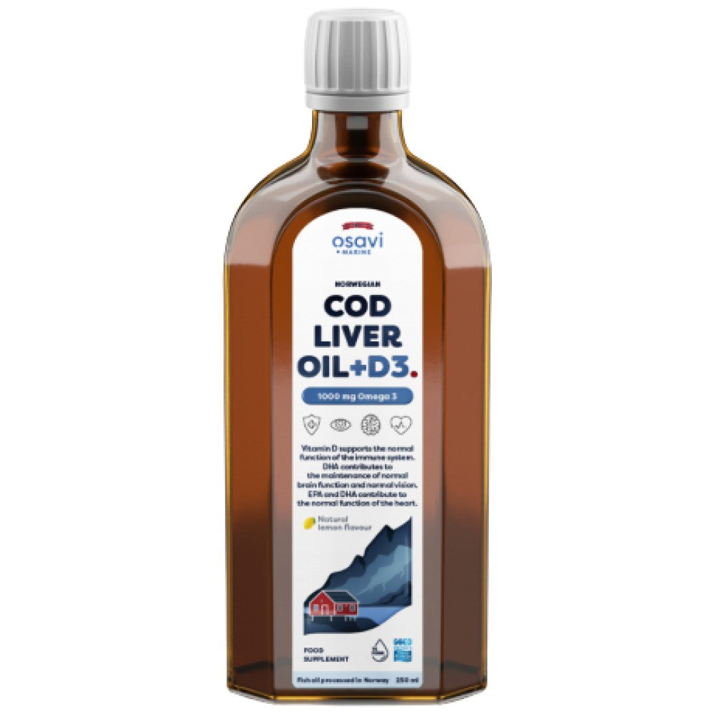 Ulei de ficat de cod norvegian + D3 | Omega lichid cu aromă de lămâie + D3 - 250 ml