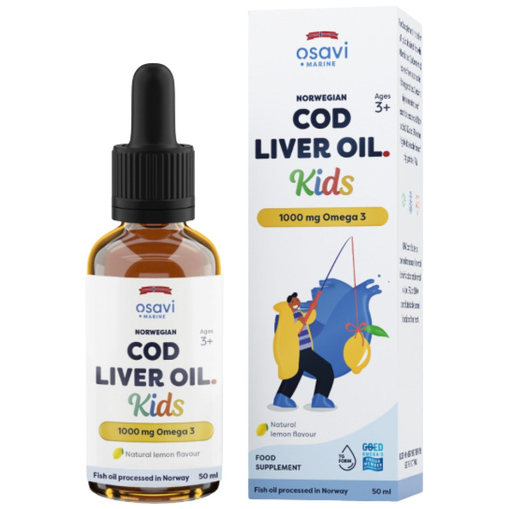 Ulei de ficat de cod norvegian copii | Picături Omega lichide cu aromă de lămâie - 50 ml