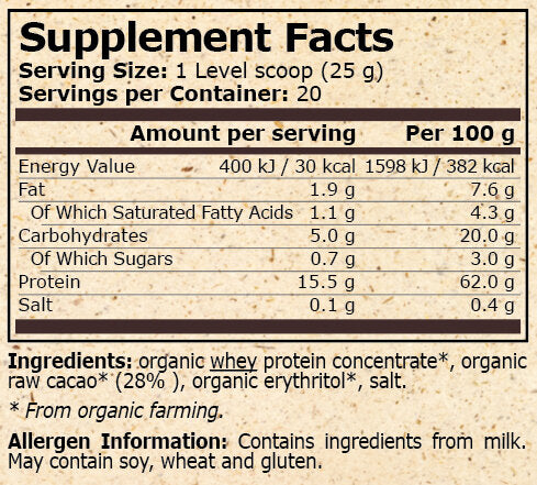 Pure Nutrition - PROTEINĂ DIN SER ORGANIC CU CACAO - 500 g