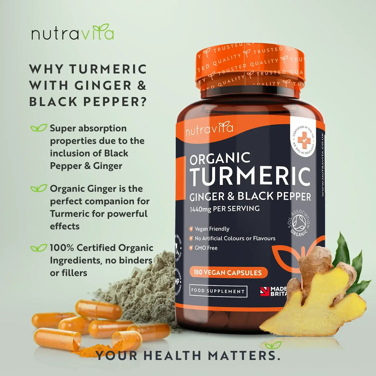 Turmeric organic 1340 mg cu piper negru și ghimbir / 180 capsule, 90 doze / Nutravita