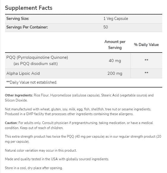 PQQ 40mg Extra Putere | cu Acid Alfa Lipoic 200 mg - 50 capsule