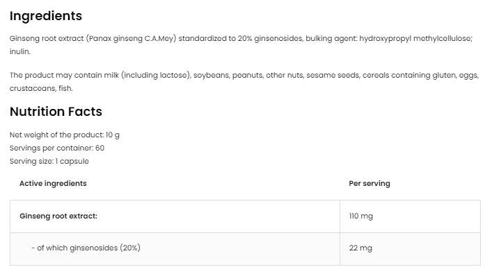Panax Ginseng 110 mg | Extract de rădăcină 60 capsule