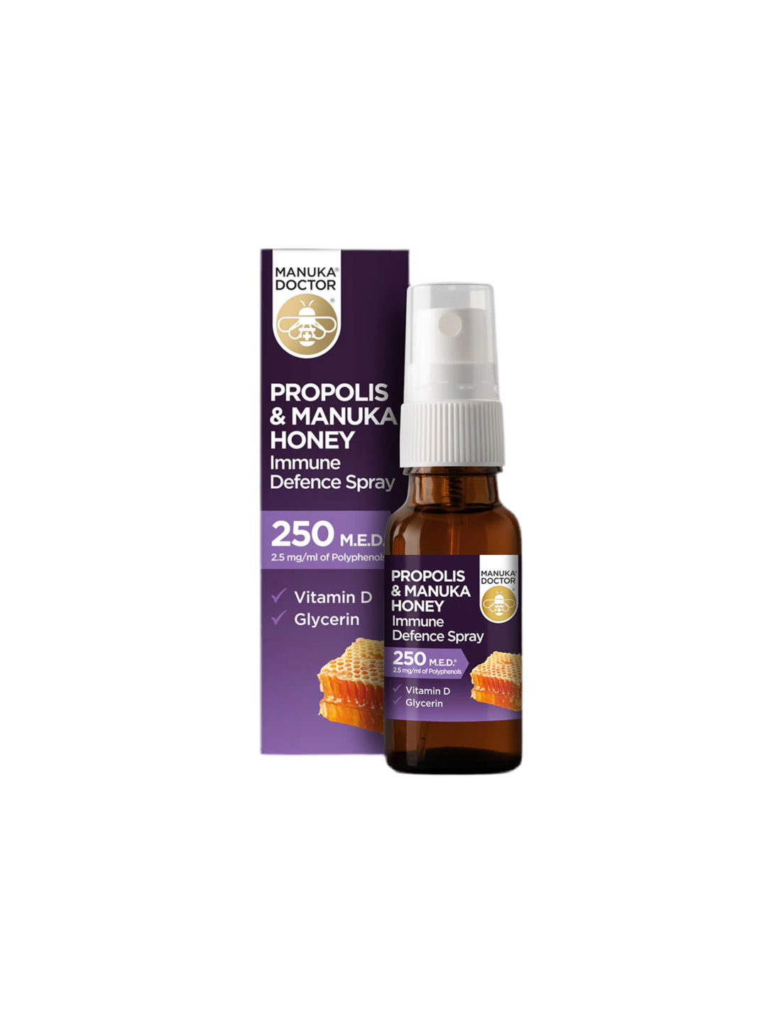 Spray de apărare imunitară propolis și miere de Manuka 250 MED/ Spray pentru gât cu propolis (250 MED), miere de manuka și vitamina D3, 20 ml