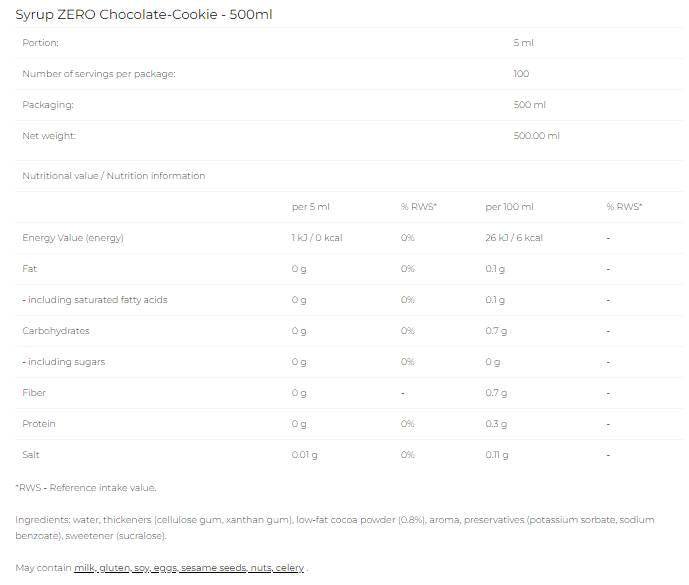 Sirop Zero - Biscuiti cu ciocolata - 500 ml