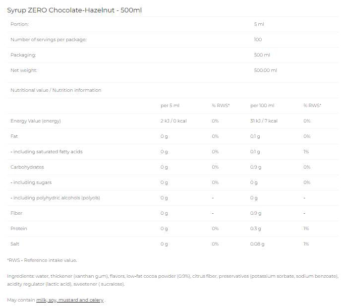 Sirop Zero - Ciocolata Alune - 500 ml