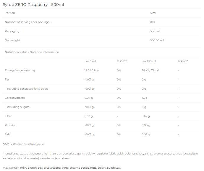 Sirop Zero - Zmeura - 500 ml