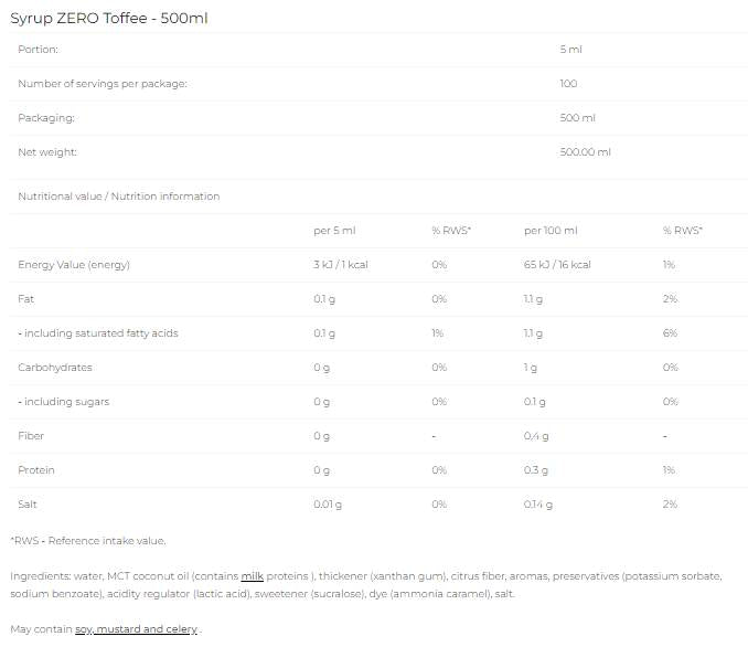 Sirop Zero - Toffee - 500 ml