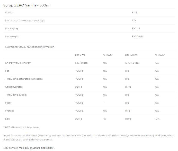 Sirop Zero - Vanilie - 500 ml