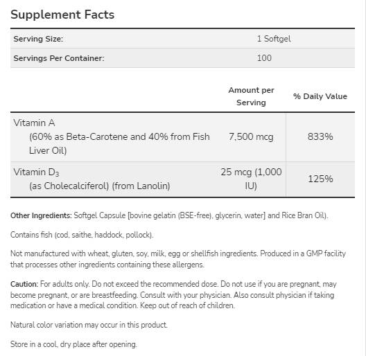 Ultra A &amp; D-3 | Vitamina A 25.000 &amp; Vitamina D 1000 UI - 100 capsule de gel