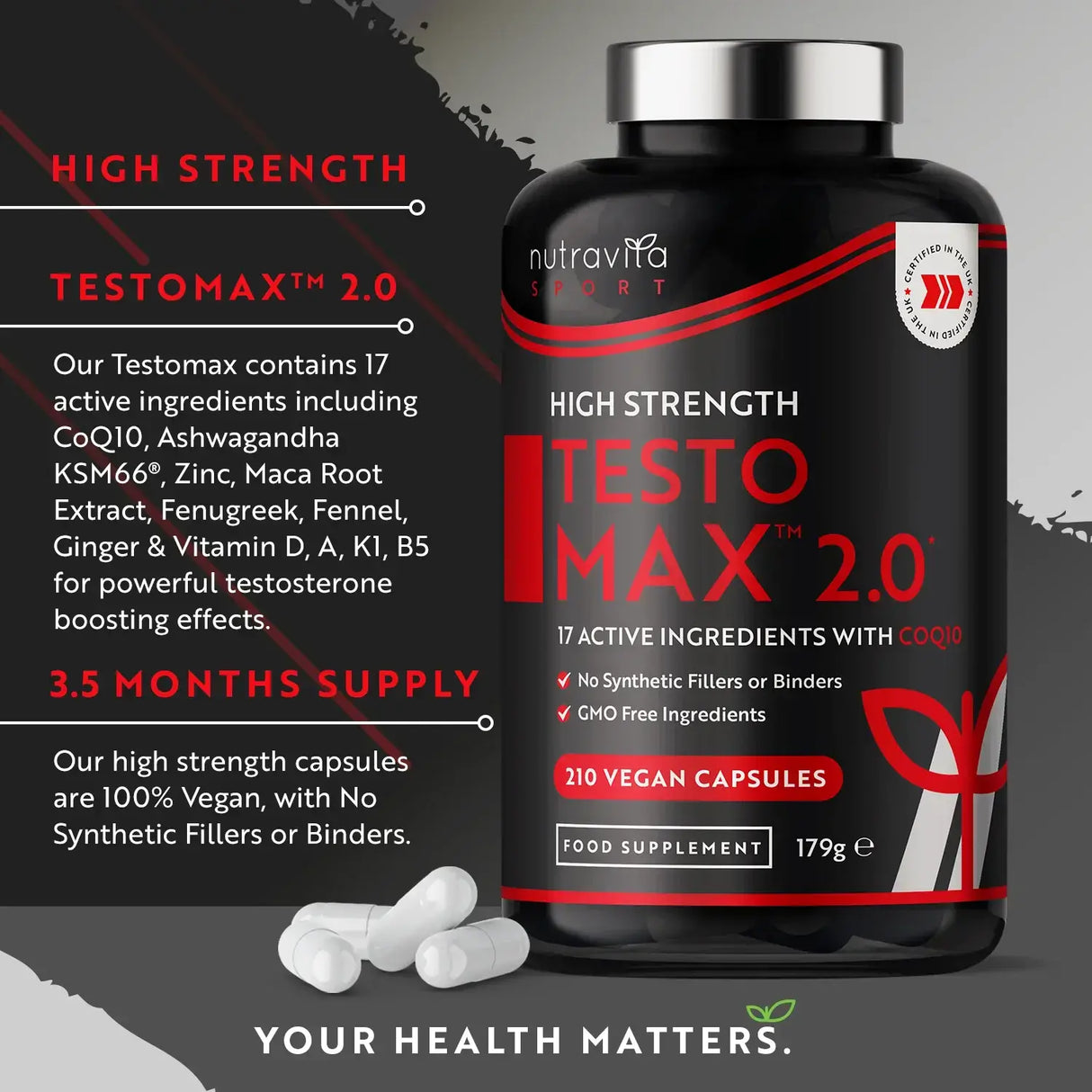 TESTOMAX™ 2.0 /210 capsule, 105 zile/ cu Ashwagandha KSM 66®, CoQ10 și Nutravita rădăcină de Maca