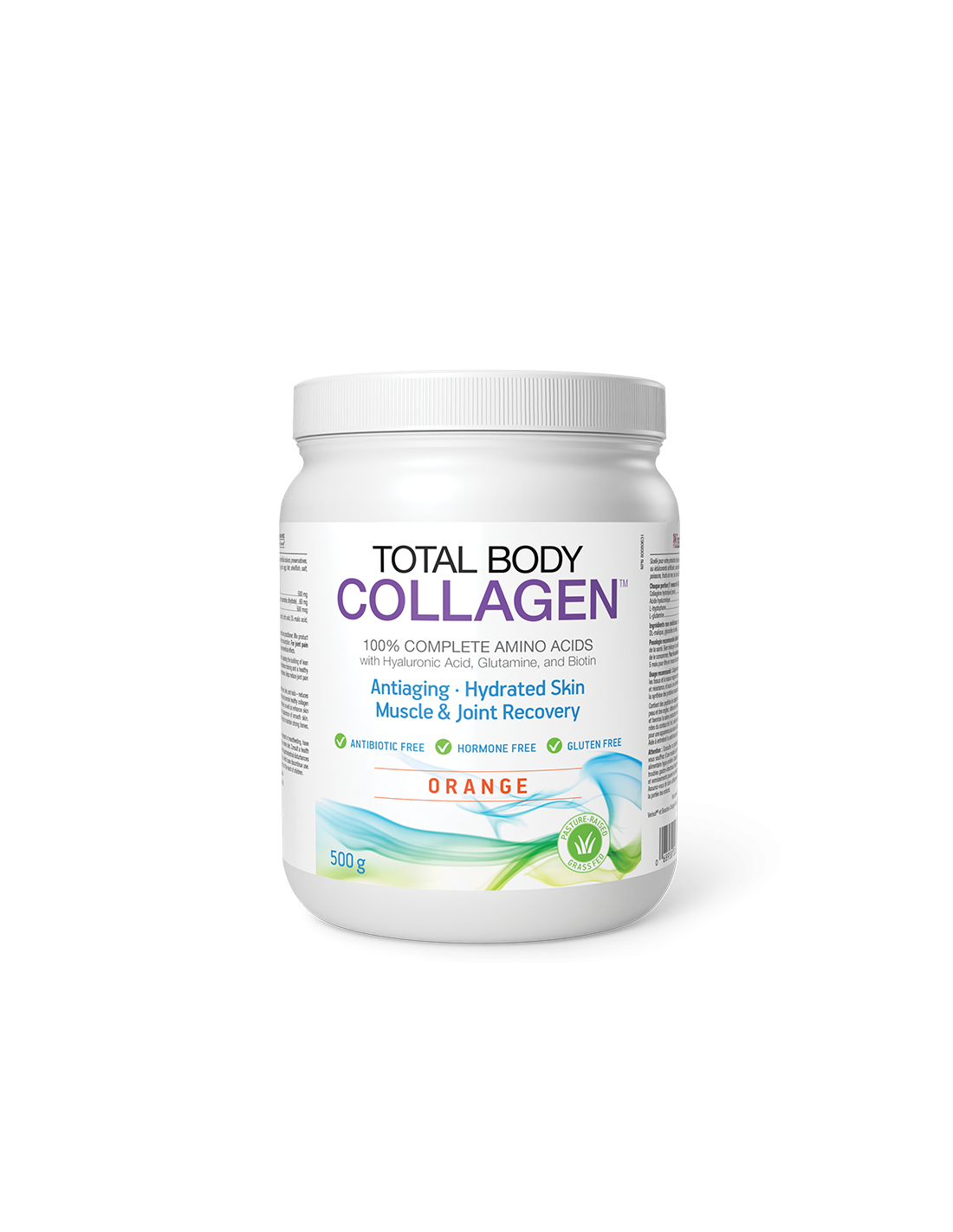 Colagen de vita hidrolizat cu acid hialuronic, glutamină și biotină - Colagen Total Body, 500 g pudră, aromă de portocale Natural Factors
