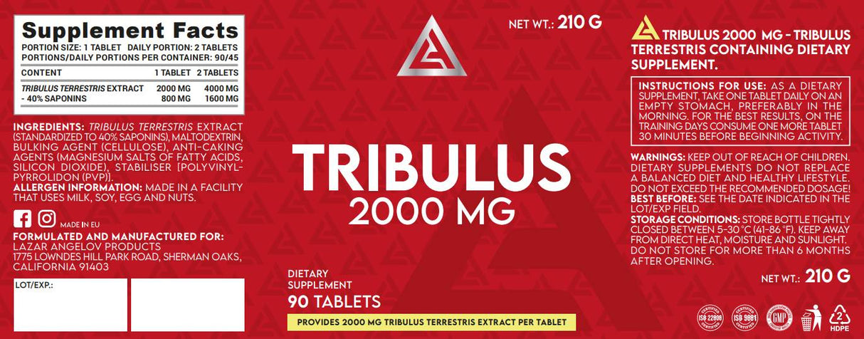 Tribulus 2000 mg | Extract Mega Dose de Tribulus Terrestris - 90 de tablete