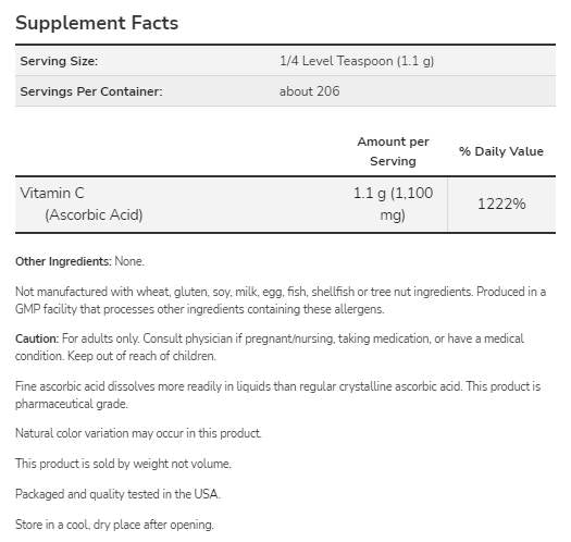 Vitamina C | Acid ascorbic - grad farmaceutic - 227 grame
