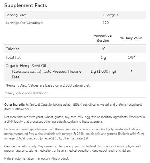 Ulei din semințe de cânepă 1000 mg - 120 capsule moi
