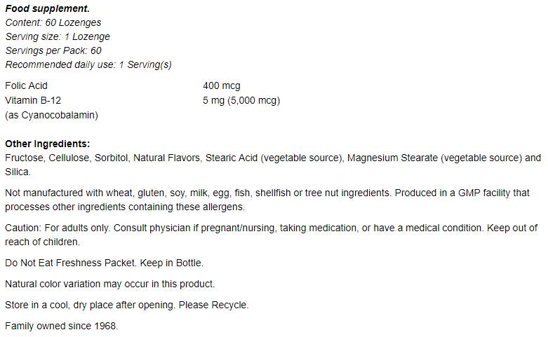 Vitamina B-12 5000 mcg cu acid folic - 60 comprimate sublinguale