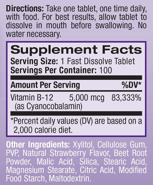 Vitamina B-12 5000 mcg dizolvare rapidă / 100 tablete.