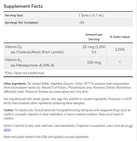 Vitamina D-3 1000 IU & K-2 100 MCG | Spray liposomal - 59 ml