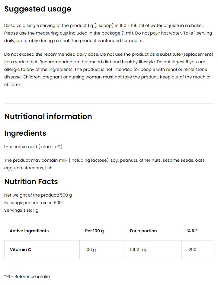 Pudră 100% vitamina C - 500 grame