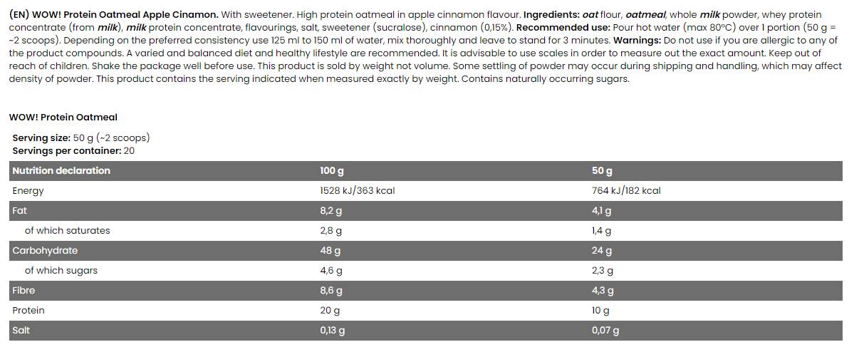 WOW! Făină de ovăz proteic | 20% proteine ​​- fara zahar adaugat - 1000 grame