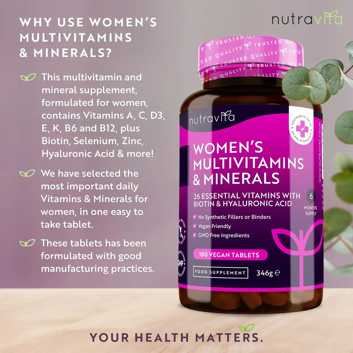 Multivitamine pentru femei cu biotină și acid hialuronic 180 tablete vegane