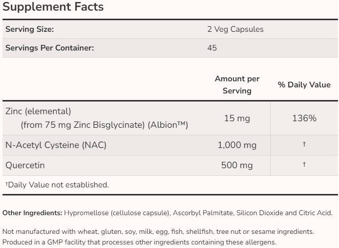 NAC | cu quercetină și zinc [90 capsule, 45 porții]