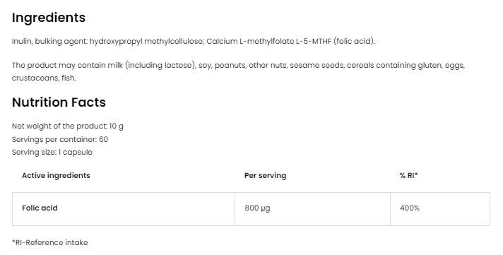 Acid folic 800 mg | Folat de metil 5-MTHF 60 capsule