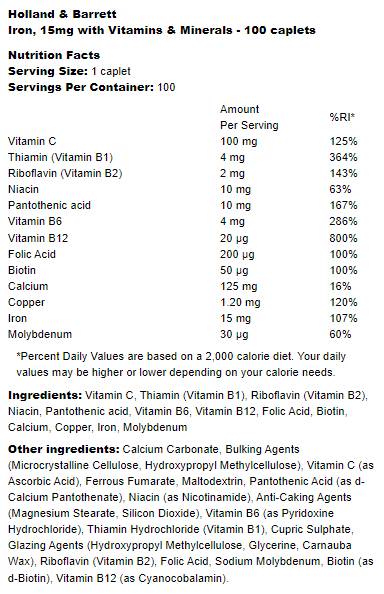 Fier 15 mg | Cu vitamine si minerale 100 capsule