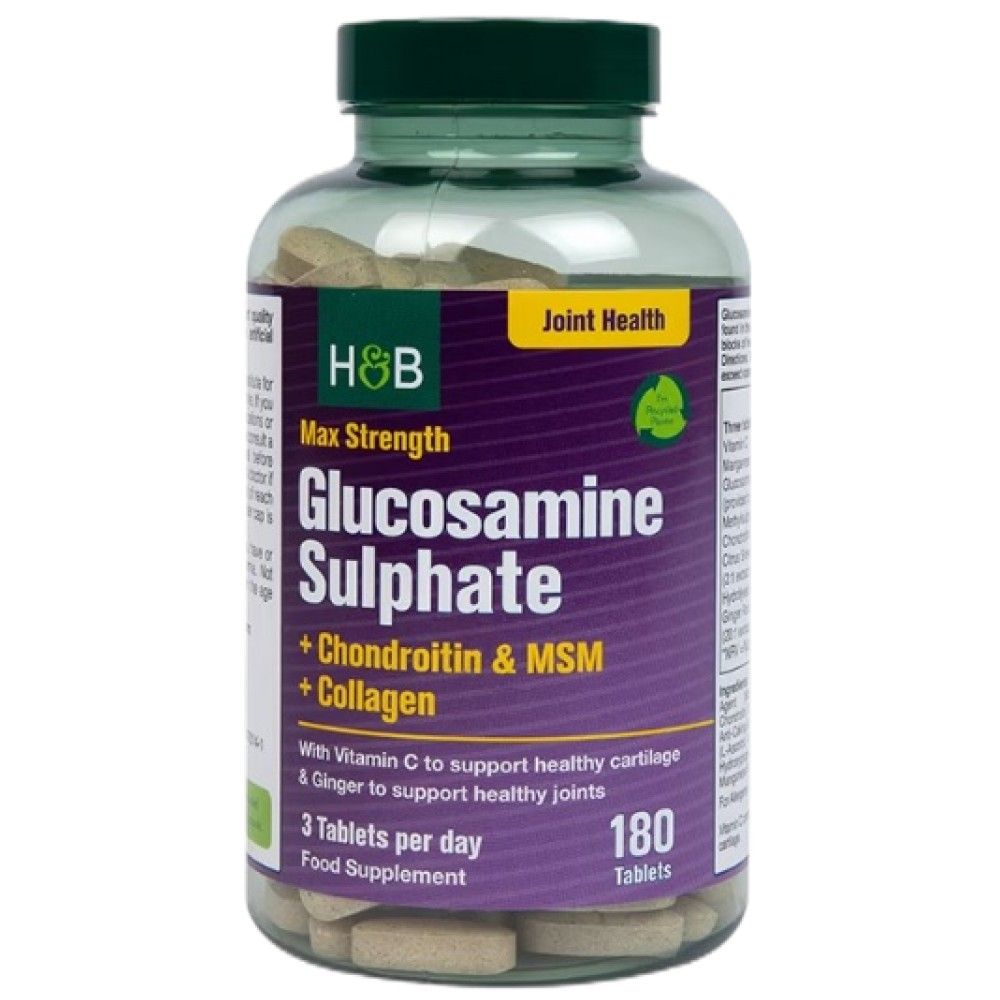 Sulfat de glucozamină cu putere maximă | Plus condroitină, MSM și colagen - 180 de tablete