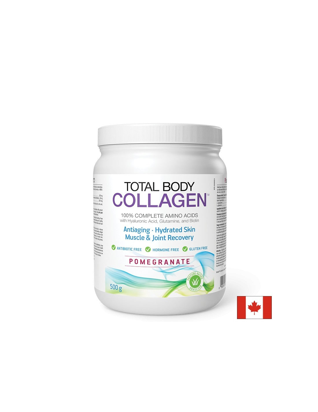Colagen de vită hidrolizat cu acid hialuronic, glutamină și biotină - Total Body Collagen, 500 g pudră, aromă de rodie Natural Factors