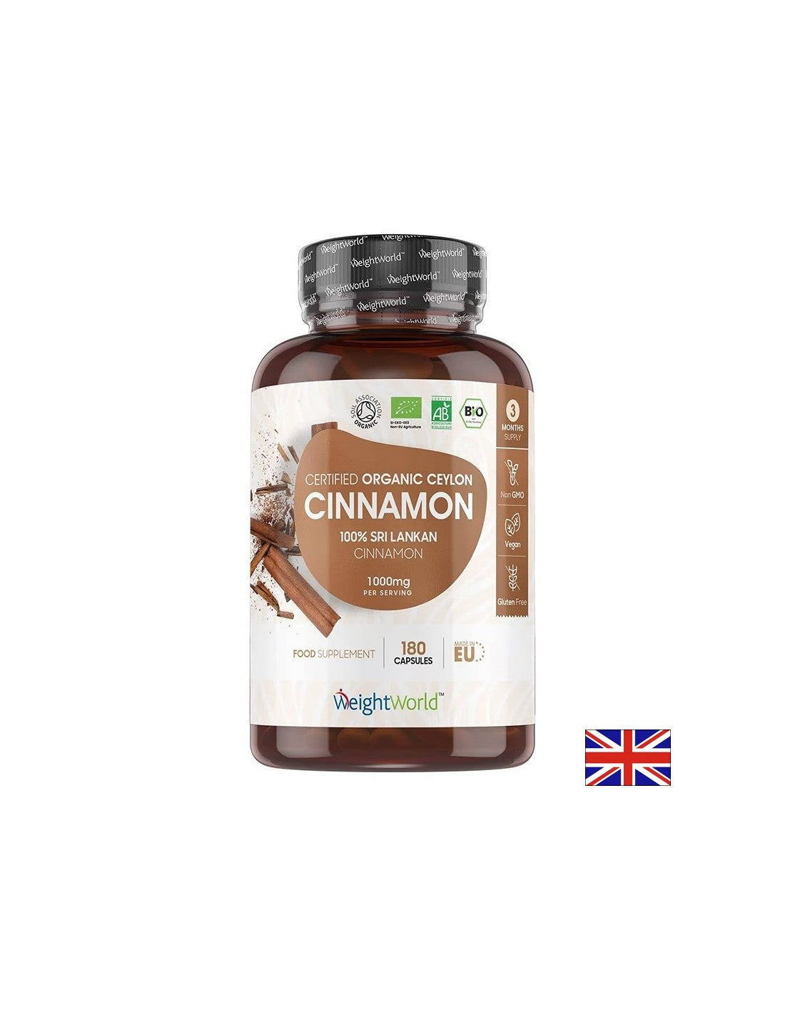 Controlul greutății și zahărului din sânge - Scorțișoară de Ceylon (organică), 1000 mg x 180 capsule Weight Worl