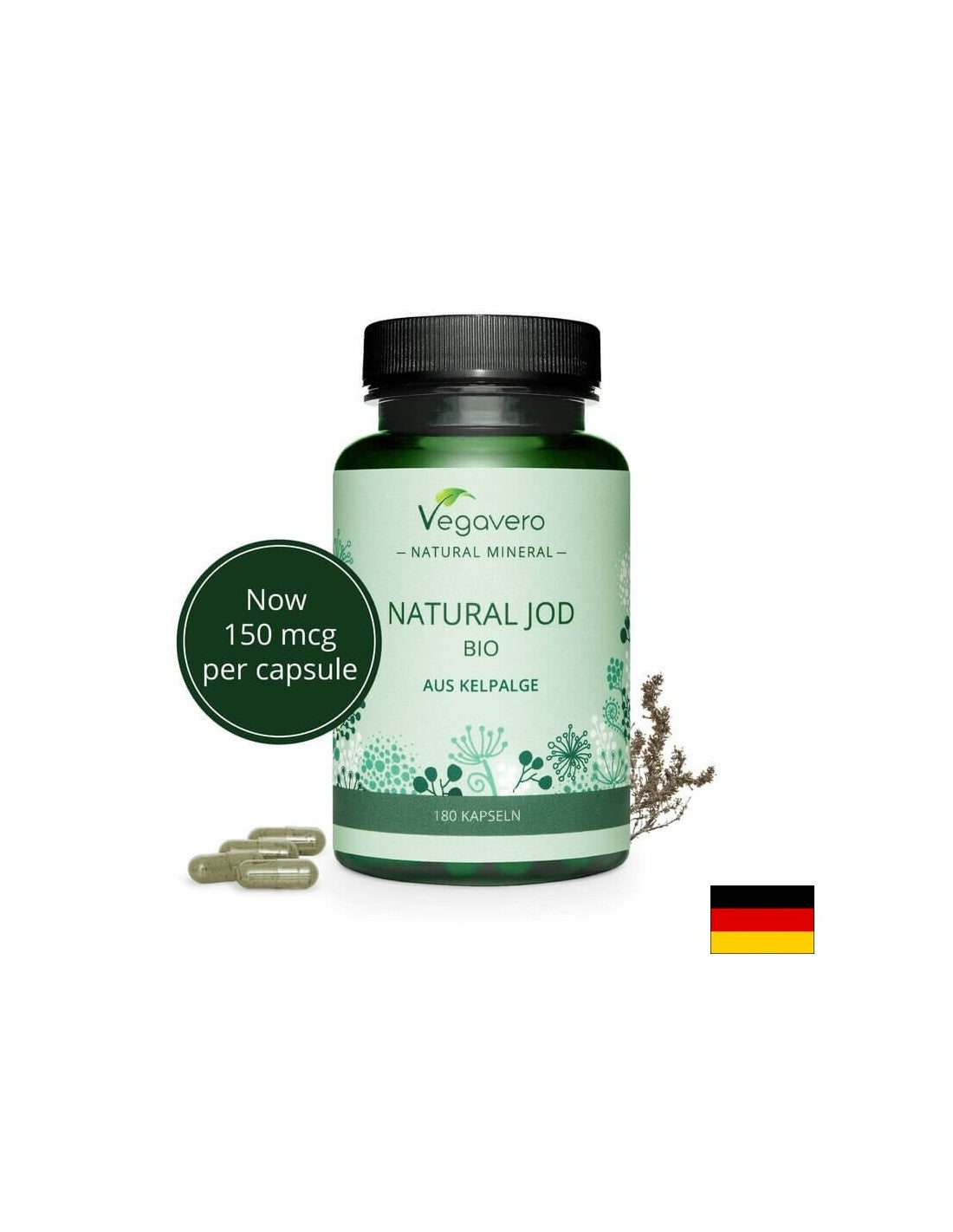 Natural Jod Bio Aus Kelpalge/ Iod natural din alge organice, 180 capsule, 100% Vegan Vegavero