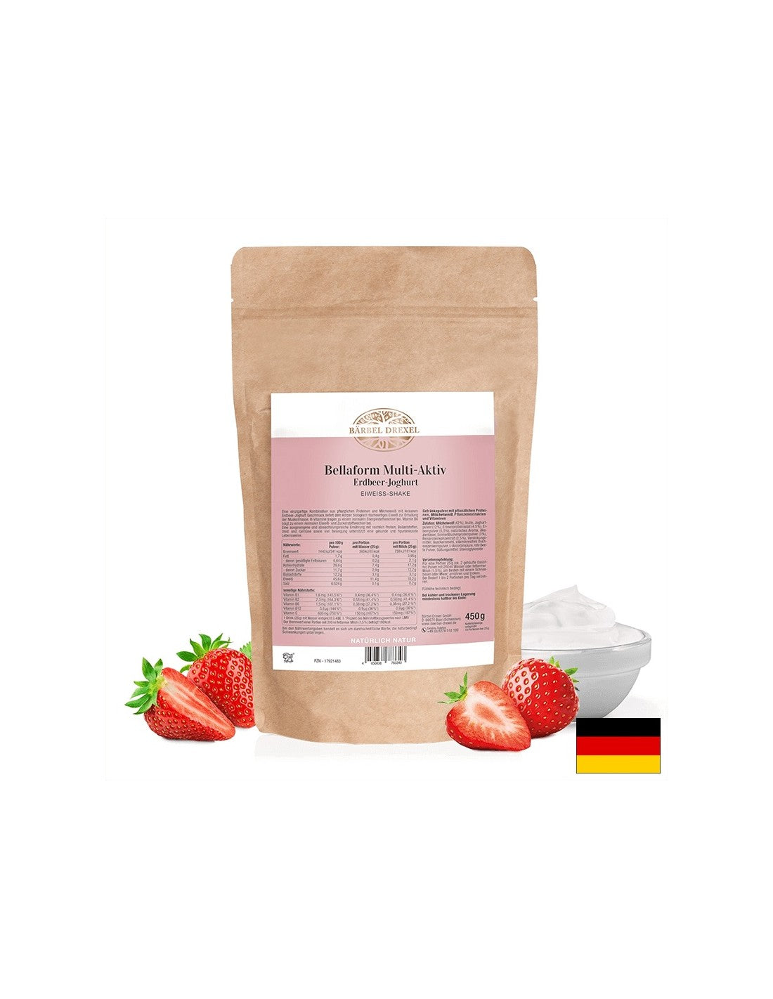 Pudră de shake proteic natural - Dietetică, sănătoasă și sățioasă, 450 g, cu aromă de iaurt de căpșuni