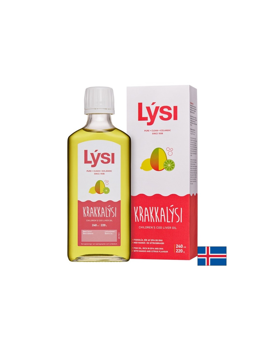 Omega-3 pentru copii și adulți 2390 mg (ulei de ficat de cod islandez), 240 ml, cu aromă de mango și citrice