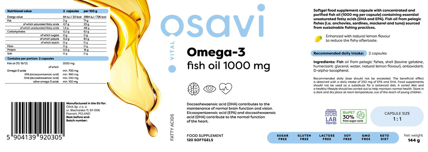 Ulei de pește Omega 3 1000 mg / Aromă de lămâie - 120 capsule de gel