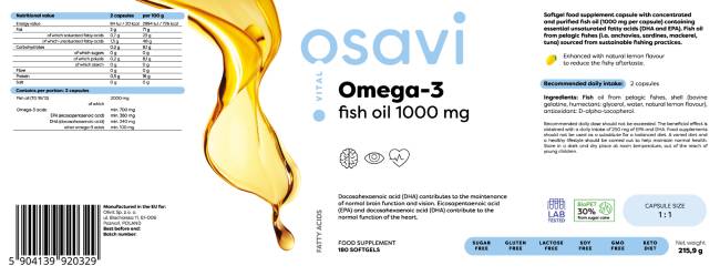 Ulei de pește Omega 3 1000 mg / Aromă de lămâie - 180 capsule de gel