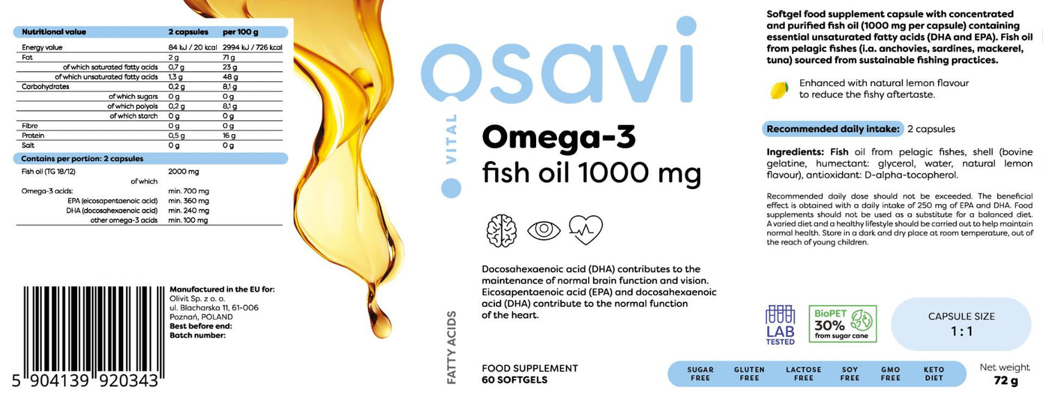 Ulei de pește Omega 3 1000 mg / Aromă de lămâie - 60 capsule de gel