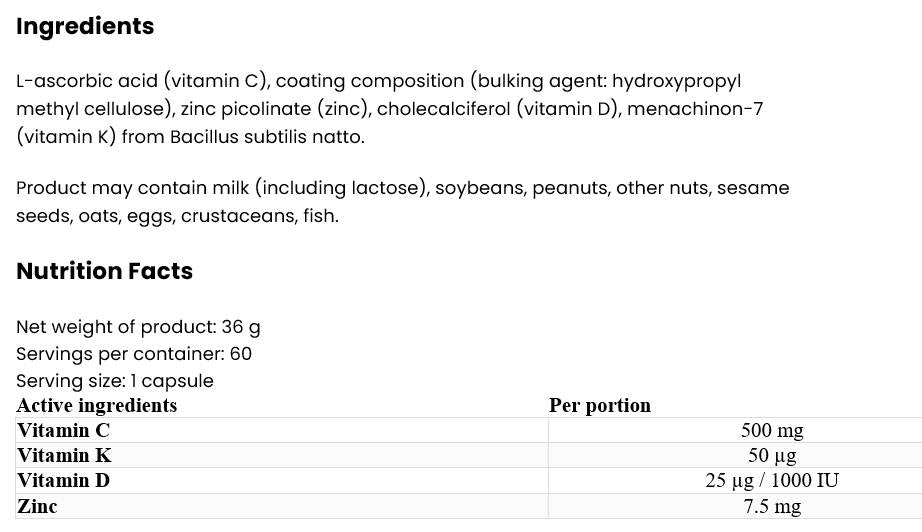 Vitamina D3 2000 + K2 MK-7 / + Vitamina C + Zinc 60 capsule