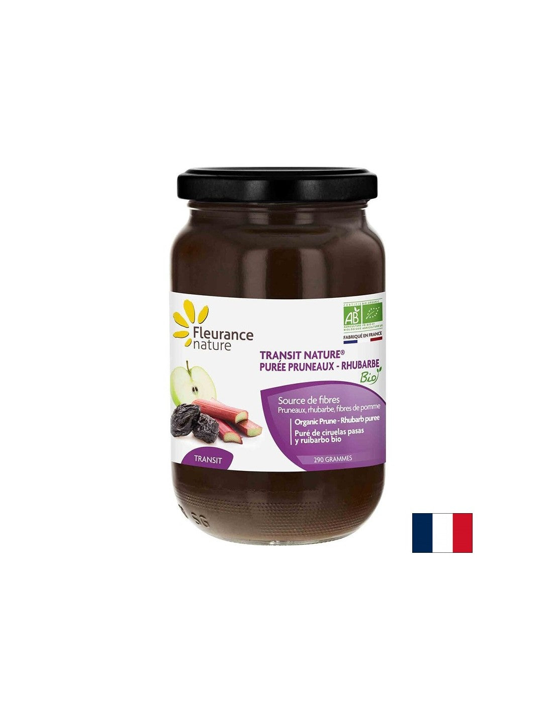 Piure de prune cu rubarbă și fibre de mere - pentru constipație - Natura de tranzit - pentru normalizarea mișcărilor intestinale, 290 g Fleurance Nature