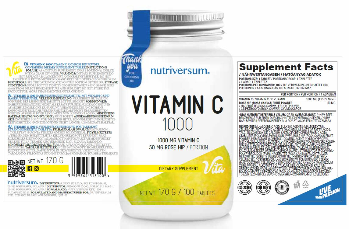 Vitamina C 1000 | cu măceșe - 100 tablete