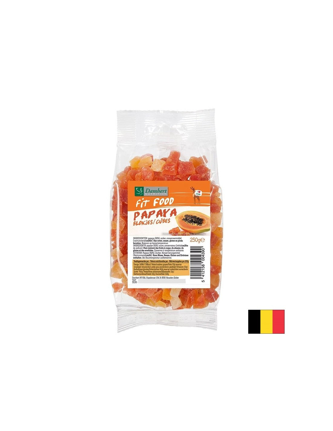 Fructe de papaya uscate, tăiate cubulețe, 250 g
