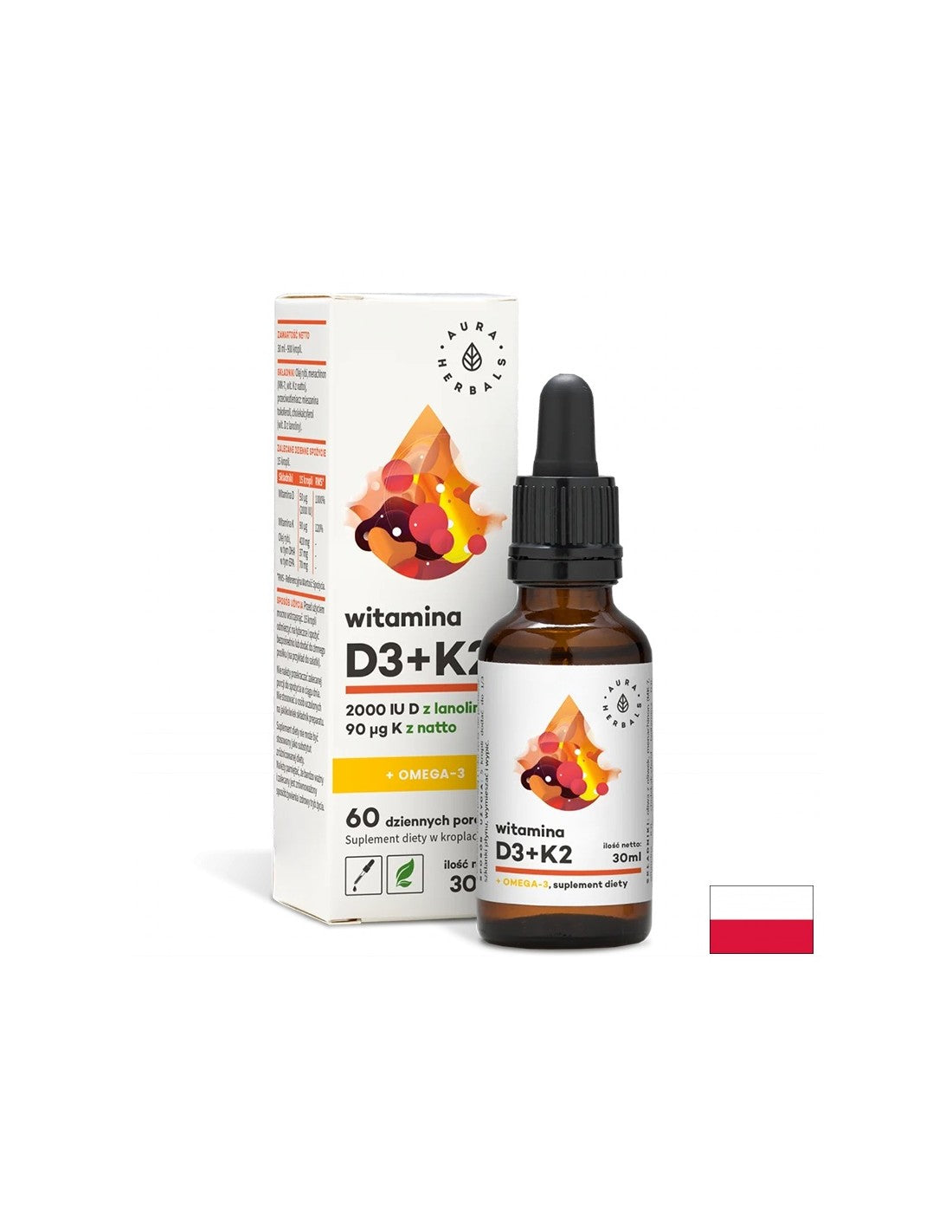 Pentru a susține oasele, imunitatea și funcția creierului - Vitamina D3 + K2 + Omega-3, 30 ml picături Aura Herbals