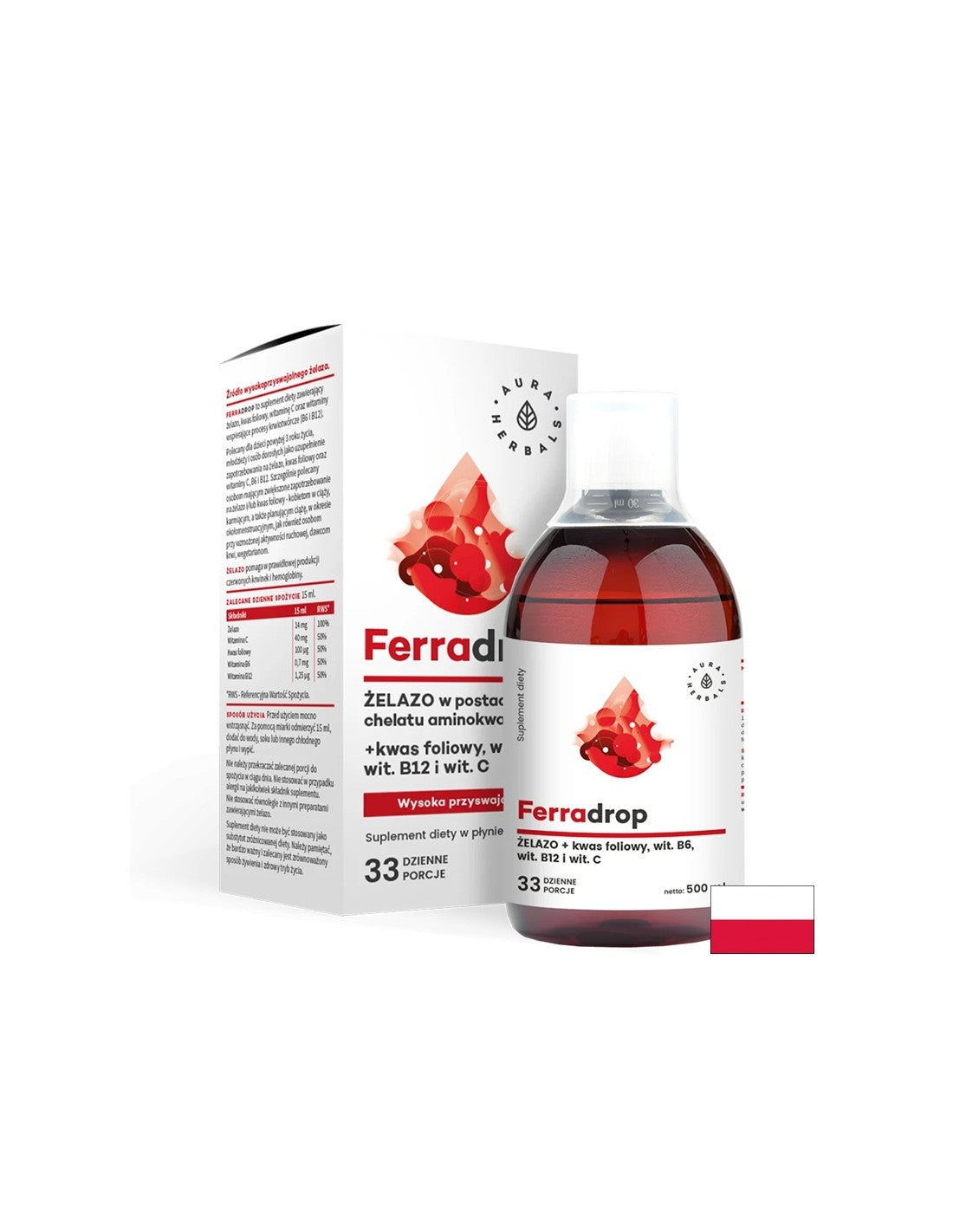 Fier + acid folic cu vitaminele C, B6, B12, 500 ml Aura Herbals
